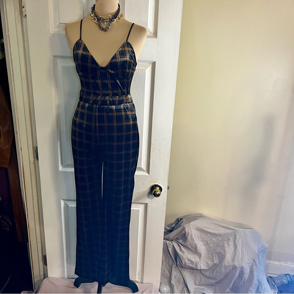 Emory Park Retro 2 Piece Velvet‎ Corset Top Hippie Plaid Wide Leg Pants Brown M